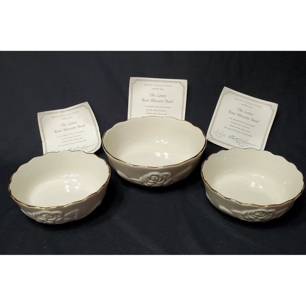 3 Pc Lenox‎ Rose Blossom Fine China Porcelain Bowl Set w/ 24k Gold Trim